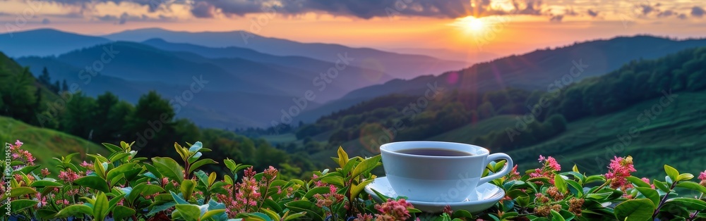 Morning Coffee With Sunrise Over Rolling Mountains Morning Coffee With Sunrise Over Rolling Mountains