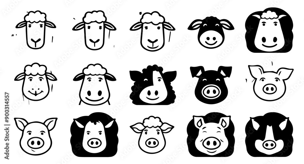 Obraz premium set of animals, goat, pig, sheep, simple vector icon logo design with farm, agriculture, goat, pig, sheep, cow theme, black & white