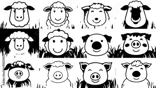 set of animals, goat, pig, sheep, simple vector icon logo design with farm, agriculture, goat, pig, sheep, cow theme, black & white