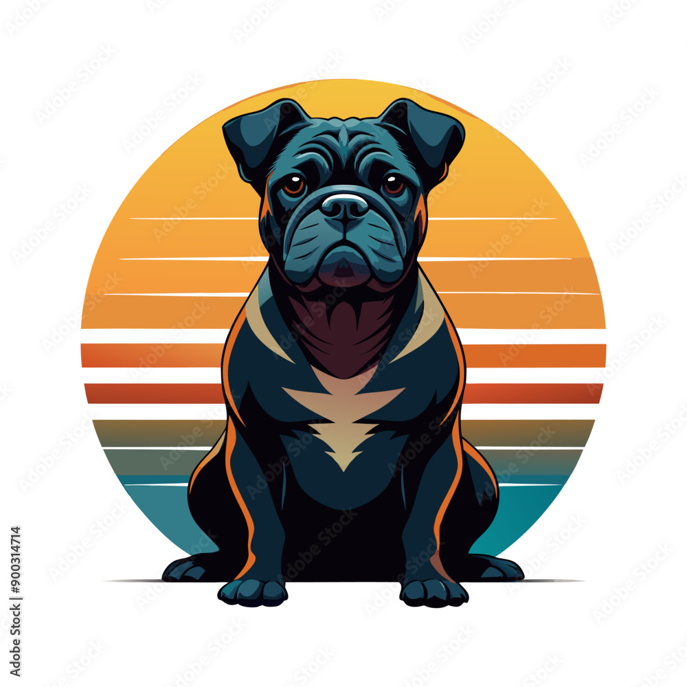 a pug dog is sitting in front of a sun background