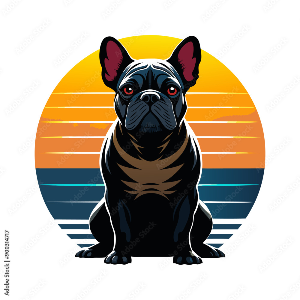 a pug dog is sitting in front of a sun background