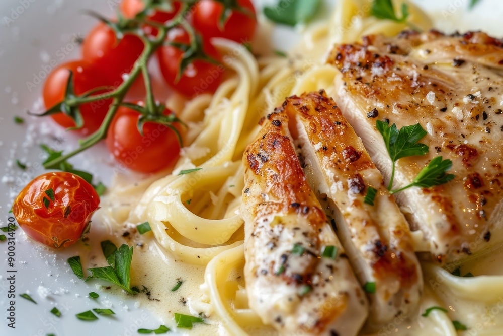 Creamy Chicken and Fettuccine with Cherry Tomatoes Creamy Chicken and Fettuccine with Cherry Tomatoes