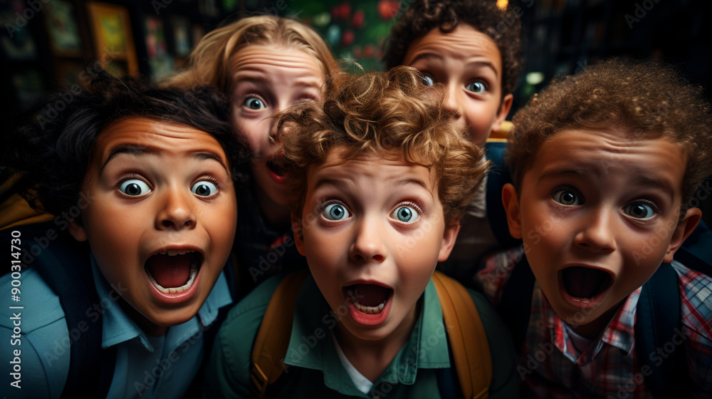 Back to school excitement. Group of primary school kids making funny faces and looking at the camera, photography. Back to school excitement. Group of primary school kids making funny faces and looking at the camera, photography.