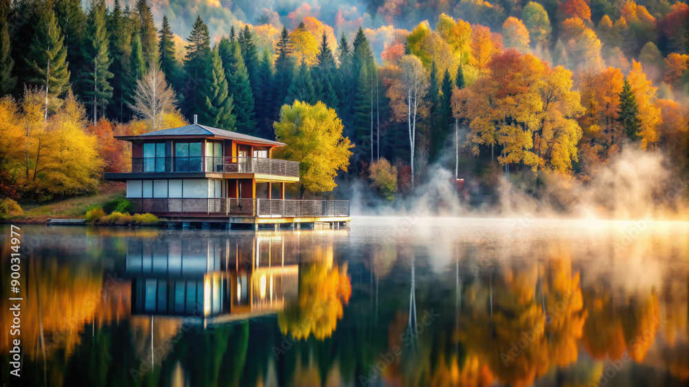 Naklejka premium lake in the autumn forest, fall, yellow, red trees, foliage, leaves, water, pond, river, reflection, background, wallpaper, October, season, landscape, nature, beauty, travel, tourism, wood