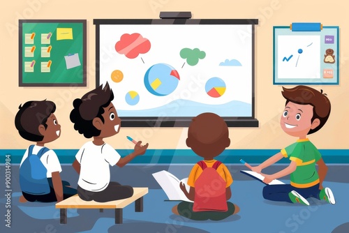 Students in a Classroom Studying a Pie Chart on an Interactive Whiteboard