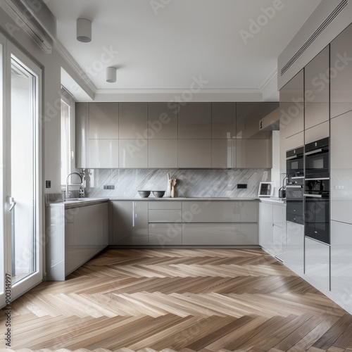 Wallpaper Mural A kitchen with a white marble countertop and a wood floor. The cabinets are made of wood and the appliances are stainless steel Torontodigital.ca