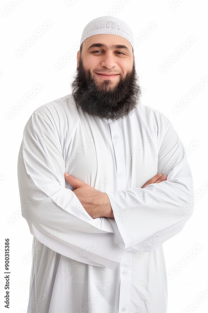 Smiling Muslim Man With a Beautiful Beard Wears Traditional Attire Smiling Muslim Man With a Beautiful Beard Wears Traditional Attire