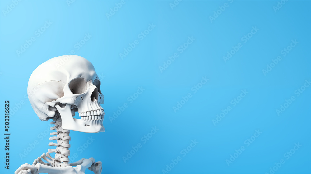 Photograph of human skeleton isolated on pastel blue background with text space.