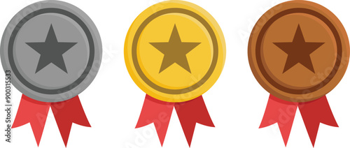 Gold medal, silver medal and bronze medal with stars. Flat style. Vector medal set on transparent background.