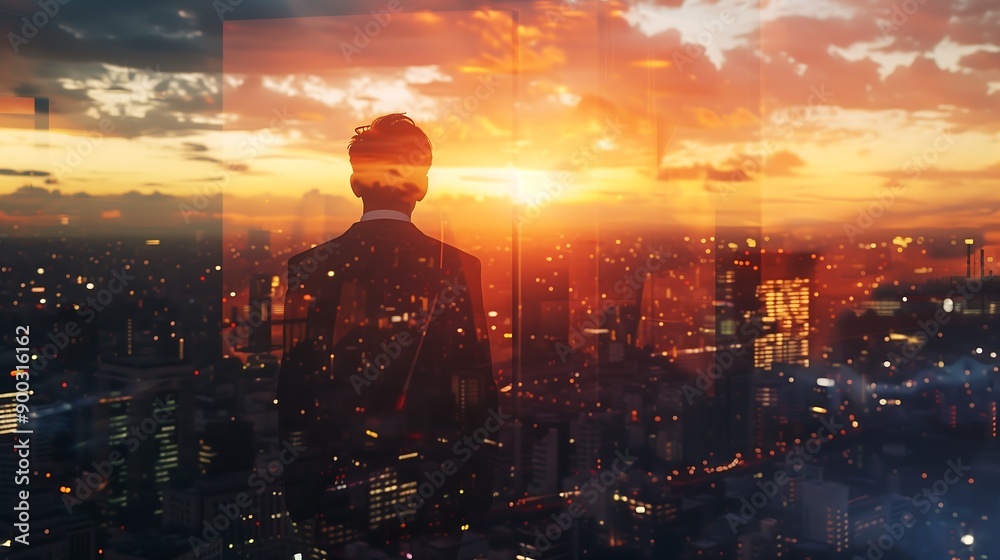 Silhouette of a Man Looking at the Cityscape at Sunset Silhouette of a Man Looking at the Cityscape at Sunset