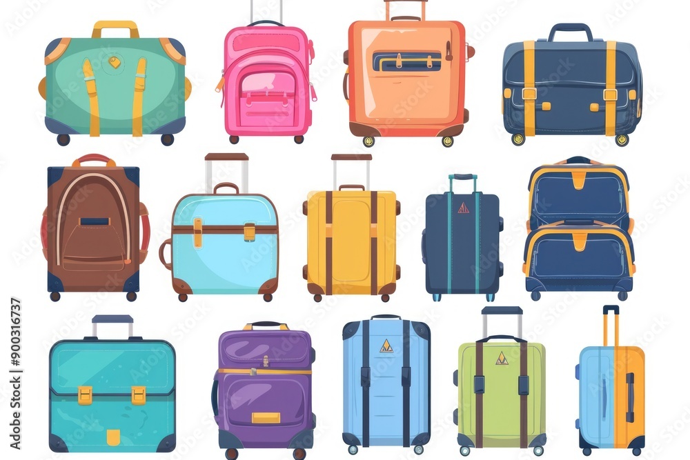 A set of colorful suitcases on wheels, great for travel or storage A set of colorful suitcases on wheels, great for travel or storage