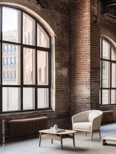 Modern Lounge With Armchair and Coffee Table in Urban Brick Space