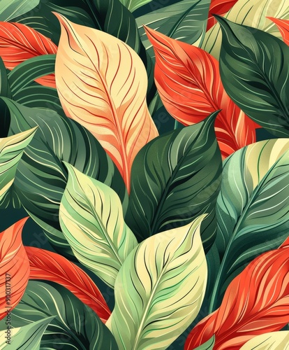 Tropical Leaves Pattern in Green and Red Color Palette