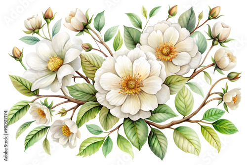 
Watercolor of tropical spring green leaves and flowers isolated on a transparent background or for greeting bouquets or wedding card decoration.
