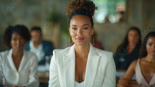 Empowering Diversity: Female CEO Leading Inclusive Team Meeting in Elegant White Suit