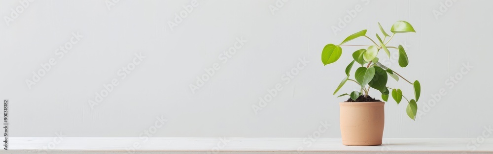 Potted Green Plant on Minimalist Table Background in Bright Room Potted Green Plant on Minimalist Table Background in Bright Room