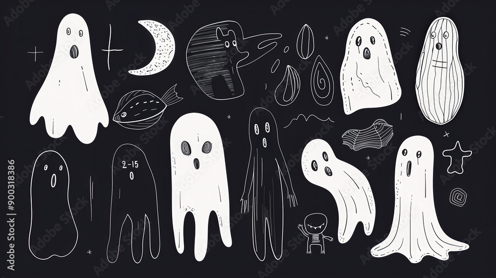 Playful Kawaii Style Sharp Line Art Ghost Doodle Set on Black Background with Varied Shapes Playful Kawaii Style Sharp Line Art Ghost Doodle Set on Black Background with Varied Shapes