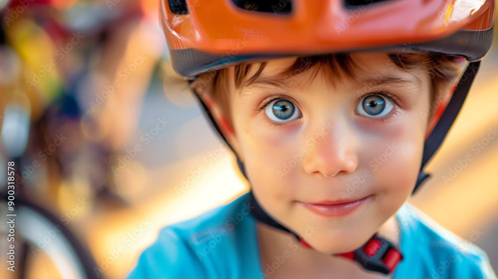 Adorable preschooler wearing a bike helmet, close-up of his face. The boy looks into the camera and smiles happily.