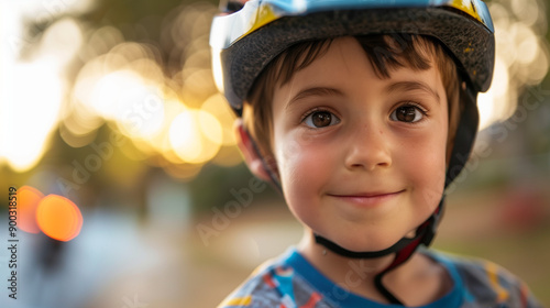 Adorable preschooler wearing a bike helmet, close-up of his face. The boy looks into the camera and smiles happily.