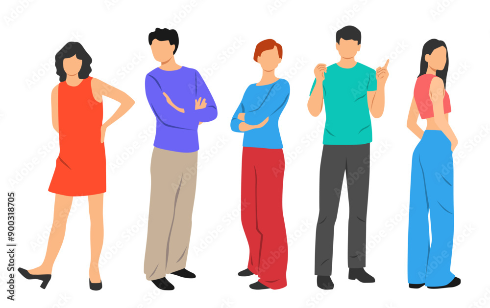 Set of men and women stand, different colors, cartoon character, silhouettes standing people, fashion model, design concept of flat icon, hand draw vector illustration, isolated on white Set of men and women stand, different colors, cartoon character, silhouettes standing people, fashion model, design concept of flat icon, hand draw vector illustration, isolated on white