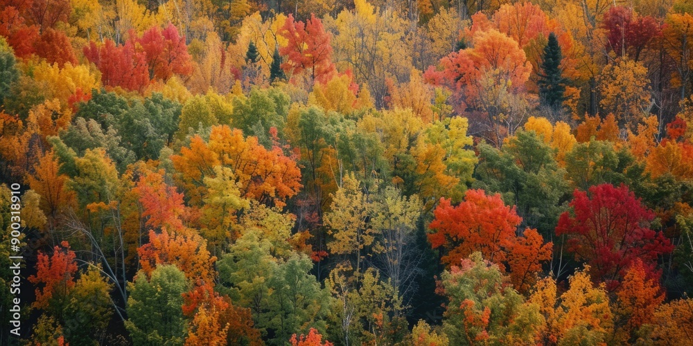 Aerial view of a dense forest with vibrant colored trees, ideal for nature and landscape uses Aerial view of a dense forest with vibrant colored trees, ideal for nature and landscape uses