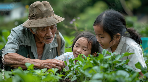 Wallpaper Mural happy Southeast Asian Grandfather and grandchildren gardening together, planting vegetables for national grandparents day. Torontodigital.ca