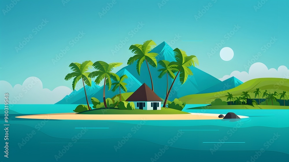 Obraz premium Tropical Island Exploration - Vibrant Flat Design Beach Theme Animation from Side View