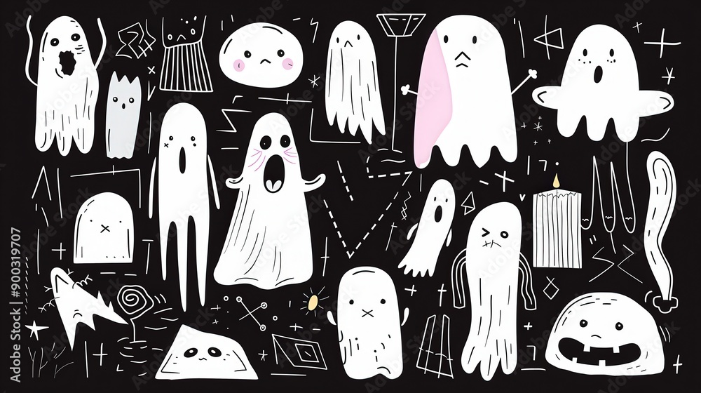 Cute Kawaii Ghost Doodle Line Art with Sharp Shapes on Black Background Cute Kawaii Ghost Doodle Line Art with Sharp Shapes on Black Background
