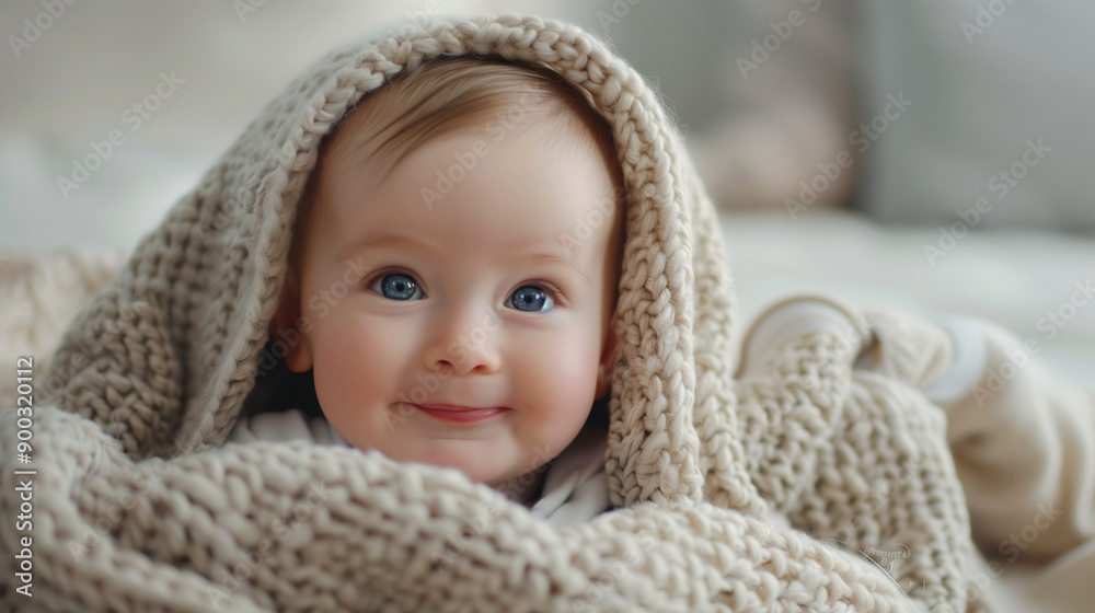 A tiny boy wrapped in a delicate, comfortable blanket. A young newborn looks into the camera with a smile. The joy of childhood in the comfort of home, morning warmth and comfort. A tiny boy wrapped in a delicate, comfortable blanket. A young newborn looks into the camera with a smile. The joy of childhood in the comfort of home, morning warmth and comfort.