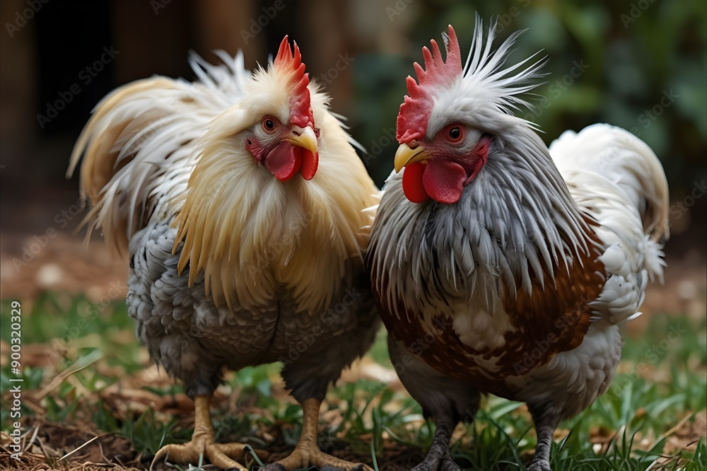 Fototapeta premium Beautiful Prue Bred Golden Duckwing (Grey) American Game Rooster and Hen