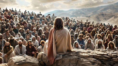 Jesus sat on a rock preaching to a large crowd on the mountain. The crowd looked at Jesus' face and listened intently to His teachings. From the back view of Jesus