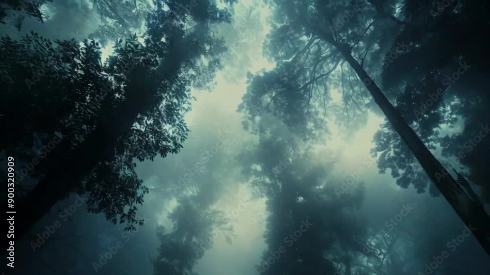 Looking up through misty trees in a dark forest. Looking up through misty trees in a dark forest.
