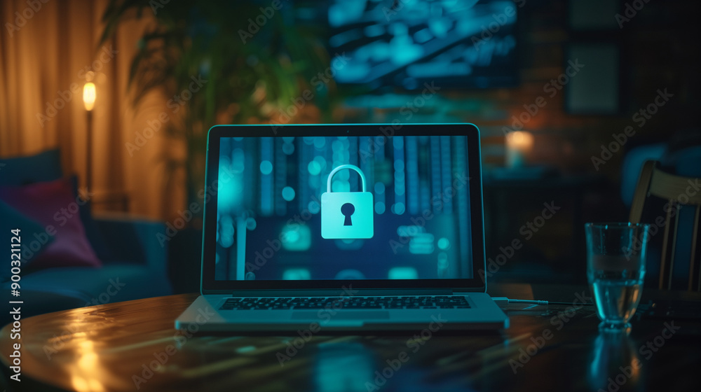 Obraz premium The password displayed on the laptop screen, with a blue lock icon, symbolizes digital protection.