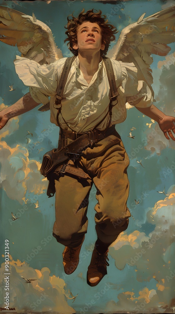 Fototapeta premium Young Man with Wings Soaring Through the Clouds.