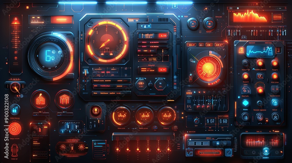 vector, illustration, User interface elements set for Smart home mobile app or web. Kit template with HUD, automation system, remote monitoring, room thermostat control, security. Pack of UI, UX, GUI.