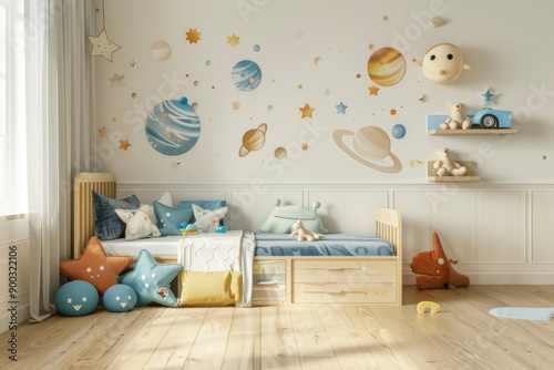 A Child's Room Decorated with a Space Theme