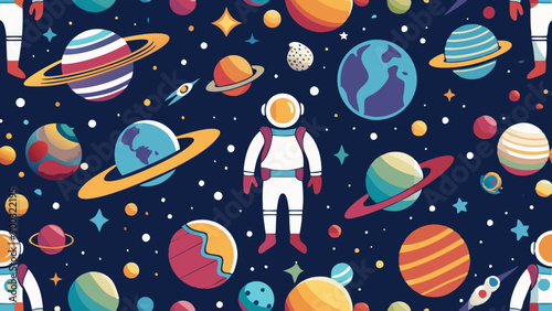 Space cosmos seamless pattern with astronaut and planets