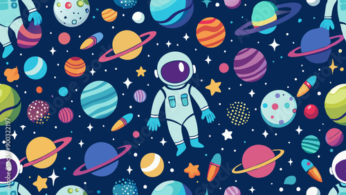 Space cosmos seamless pattern with astronaut and planets