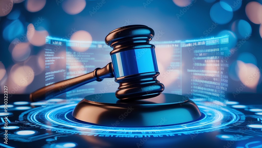 High Tech Blue Digital Gavel Surrounded by Digital Data on Blue Bokeh Background, Representing the Justice. judge hammer. High Tech Blue Digital Gavel Surrounded by Digital Data on Blue Bokeh Background, Representing the Justice. judge hammer.
