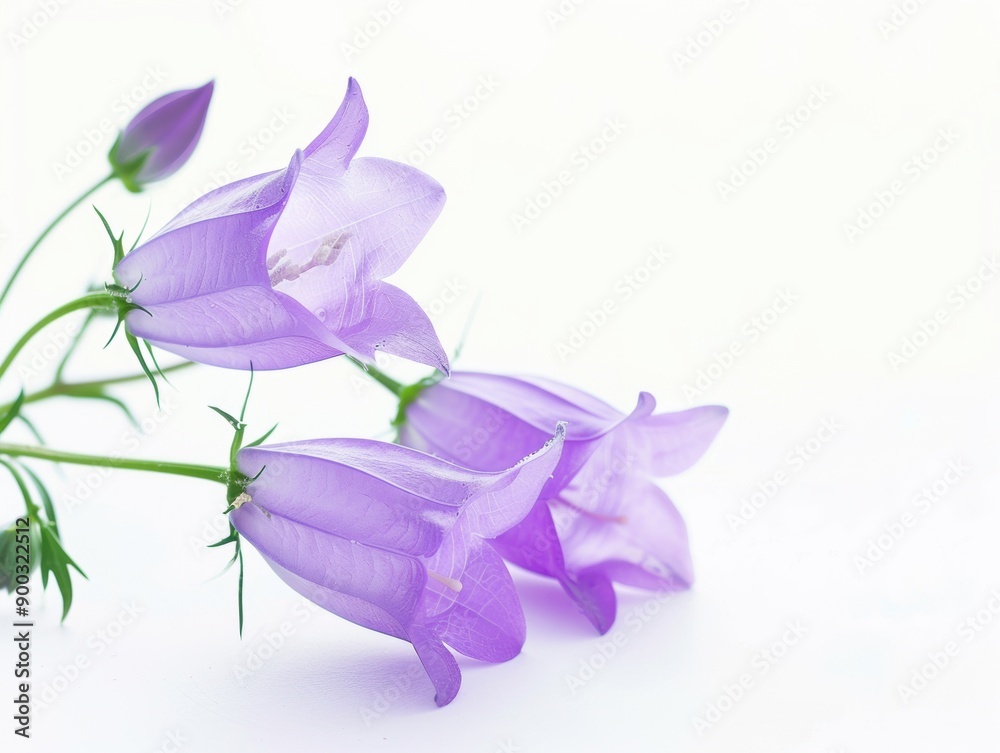 A cluster of delicate bellflowers rests elegantly against a soft white backdrop with a gentle bokeh effect A cluster of delicate bellflowers rests elegantly against a soft white backdrop with a gentle bokeh effect
