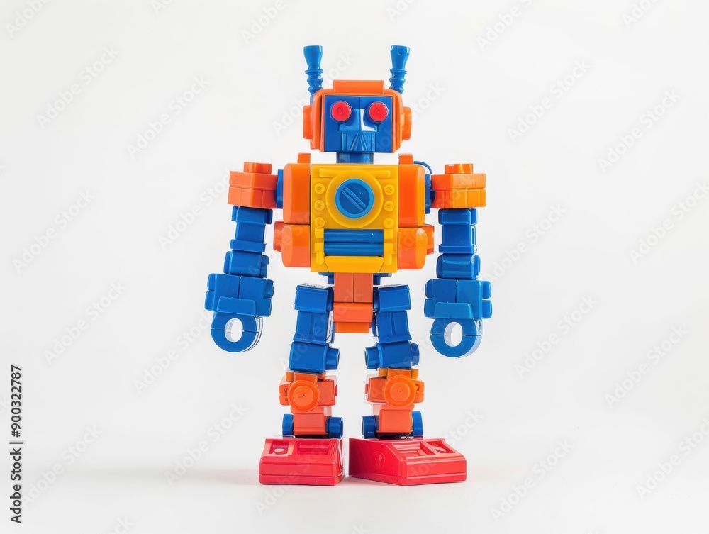 Fototapeta premium A colorful plastic robot toy stands upright, inviting creative play and imaginative adventures for children