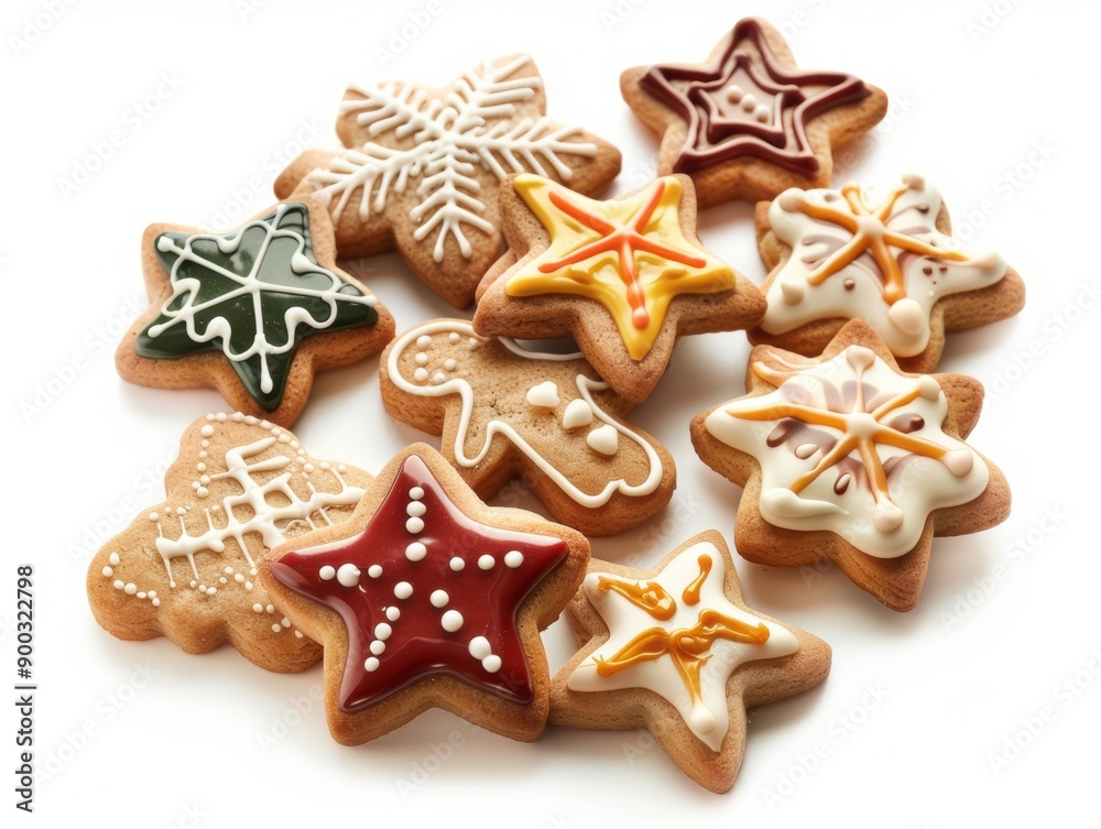 A variety of decorated Christmas cookies are arranged on a clean, white surface, showcasing intricate icing designs and festive shapes A variety of decorated Christmas cookies are arranged on a clean, white surface, showcasing intricate icing designs and festive shapes