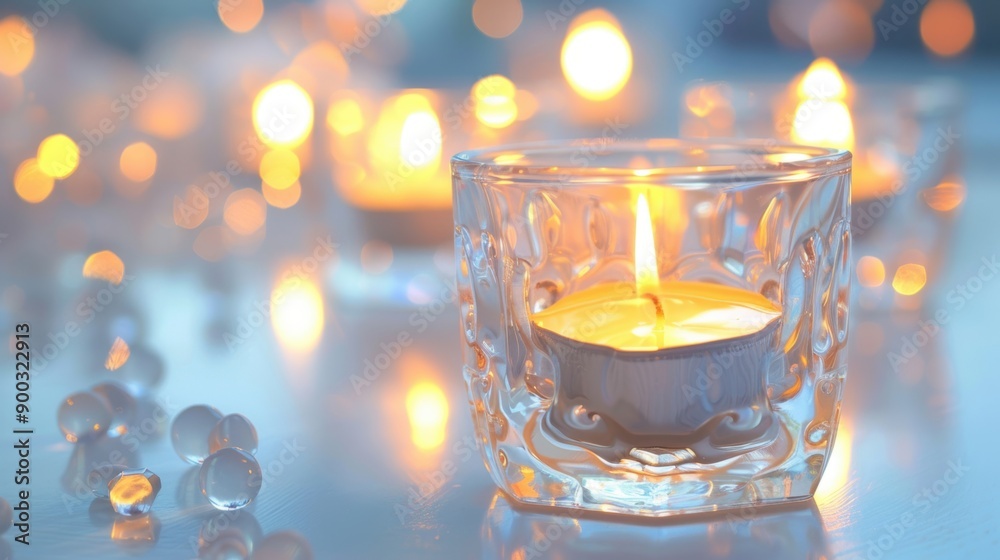 Clear glass candle holders illuminate a serene setting with a warm, inviting ambiance Clear glass candle holders illuminate a serene setting with a warm, inviting ambiance