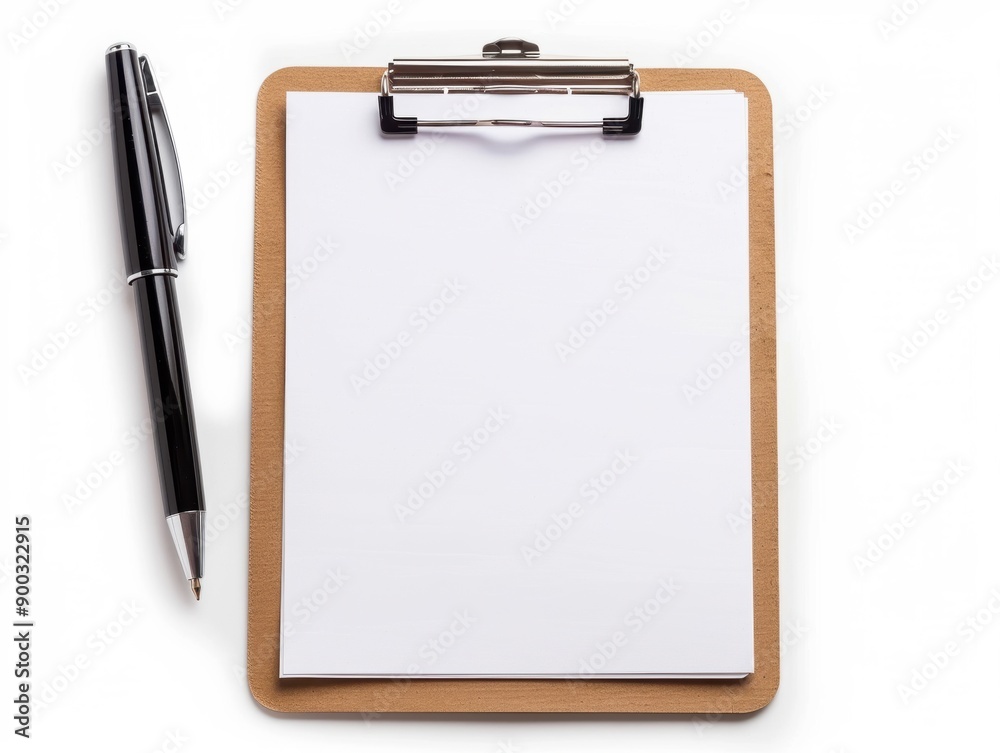 A clipboard with a blank notepad beside a sleek ballpoint pen on a clean, isolated white background A clipboard with a blank notepad beside a sleek ballpoint pen on a clean, isolated white background
