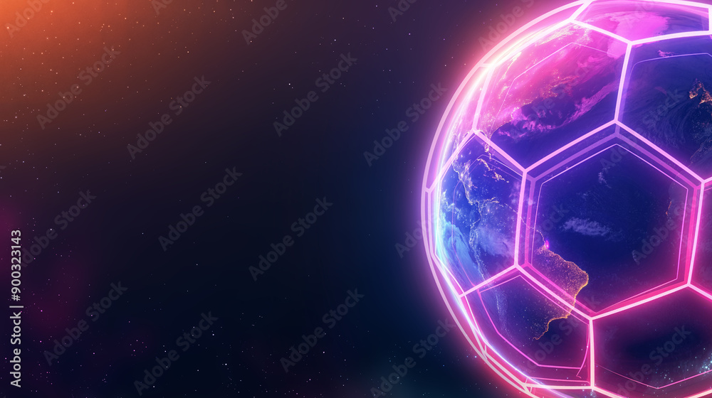 Fototapeta premium Earth shaped like a neon soccer ball in outer space. Futuristic global sports concept with copy space.