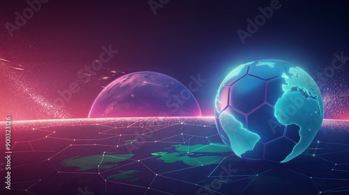 Earth shaped like a neon soccer ball in outer space. Futuristic global sports concept with copy space. photo