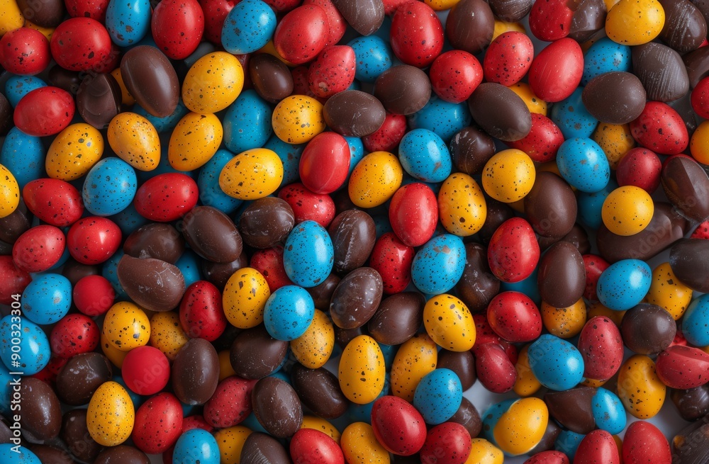 A vibrant assortment of chocolate eggs in various colors scattered on a surface, celebrating the festive spirit of Easter. A vibrant assortment of chocolate eggs in various colors scattered on a surface, celebrating the festive spirit of Easter.