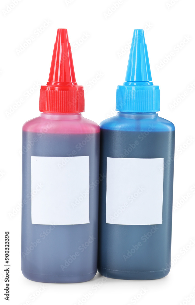 Bottles of different printer ink isolated on white Bottles of different printer ink isolated on white