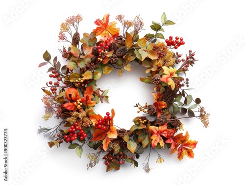 This fall wreath features vibrant faux leaves and berries, perfect for adding seasonal charm to any door