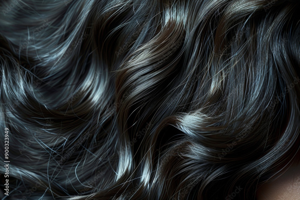 Naklejka premium Soft, shiny black curls flow gracefully, illuminated by gentle lighting in a tranquil indoor environment, showcasing texture and luster.